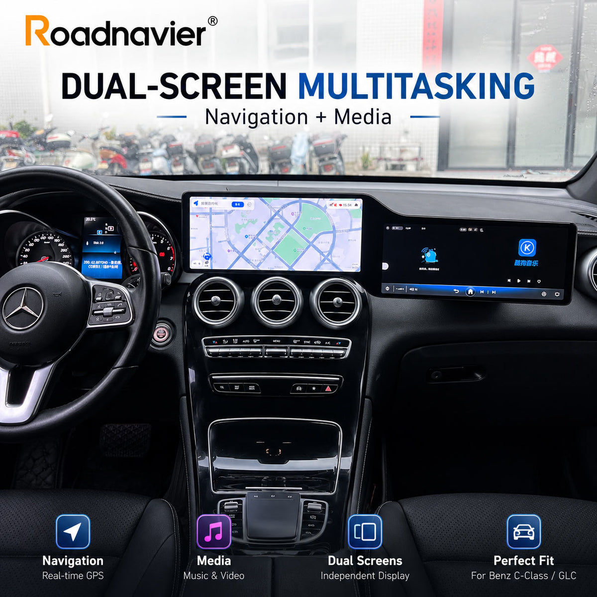 Mercedes-Benz W205 X253 dual-screen Android system with navigation and media multitasking