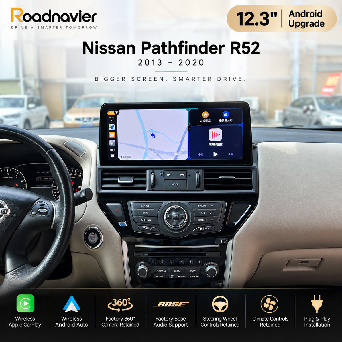 Nissan Pathfinder R52 12.3 inch Android navigation screen installed in dashboard