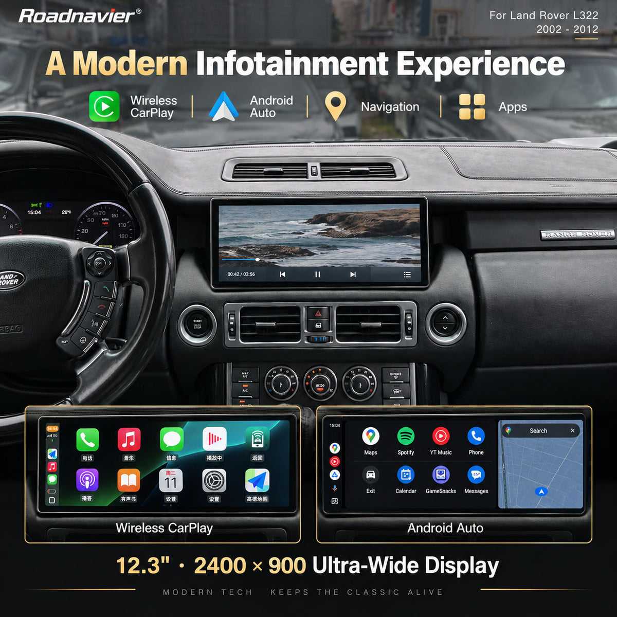 Range Rover L322 12.3 inch 2400x900 display with wireless CarPlay Android Auto navigation and video playback
