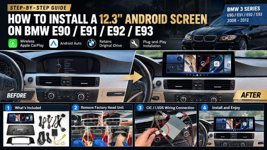 BMW E90 E91 E92 E93 12.3 inch Android screen installation guide with CIC LVDS wiring and factory head unit removal