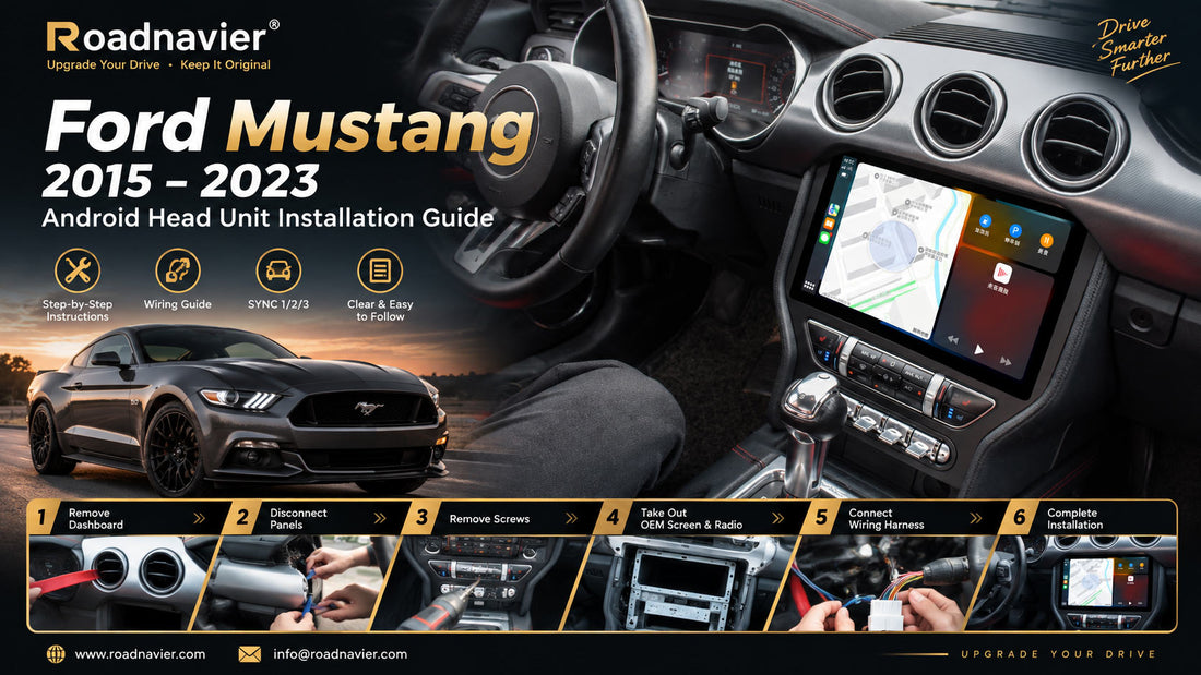 Ford Mustang 2015-2023 Android head unit installation guide with dashboard removal and wiring steps