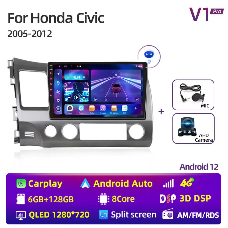 Radio estéreo para coche de 10 pulgadas con Android 12 Carplay para Honda Civic 8 (2005-2012), reproductor multimedia, navegación GPS, 2 DIN, 4G, audio y DVD. 