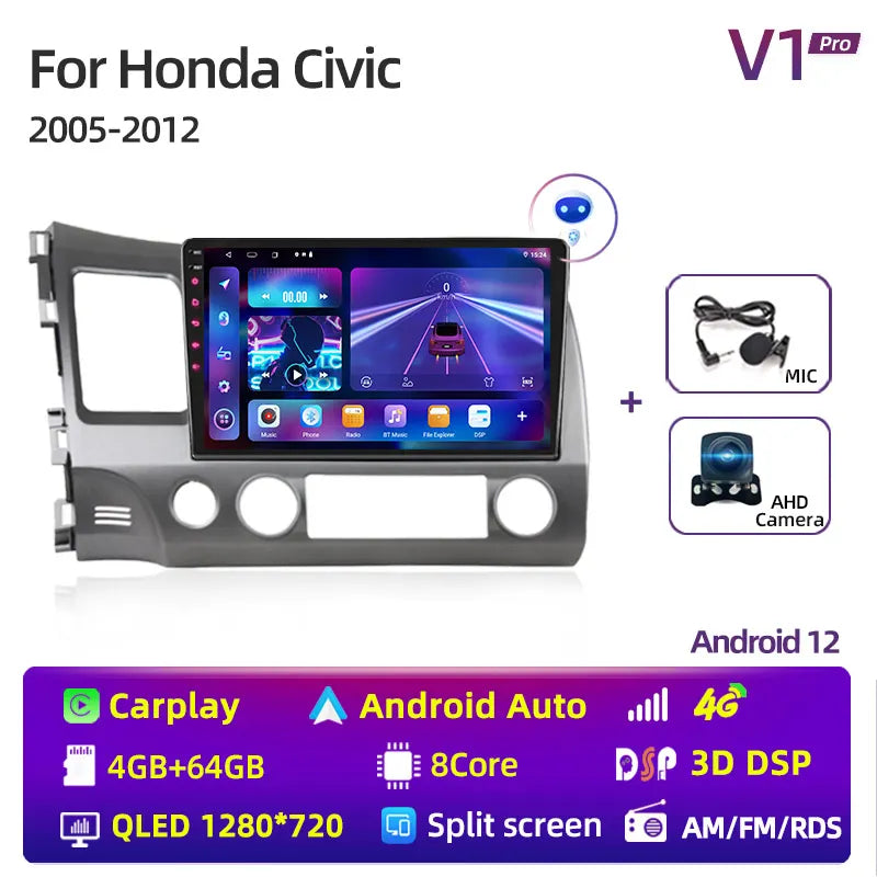 Radio estéreo para coche de 10 pulgadas con Android 12 Carplay para Honda Civic 8 (2005-2012), reproductor multimedia, navegación GPS, 2 DIN, 4G, audio y DVD. 