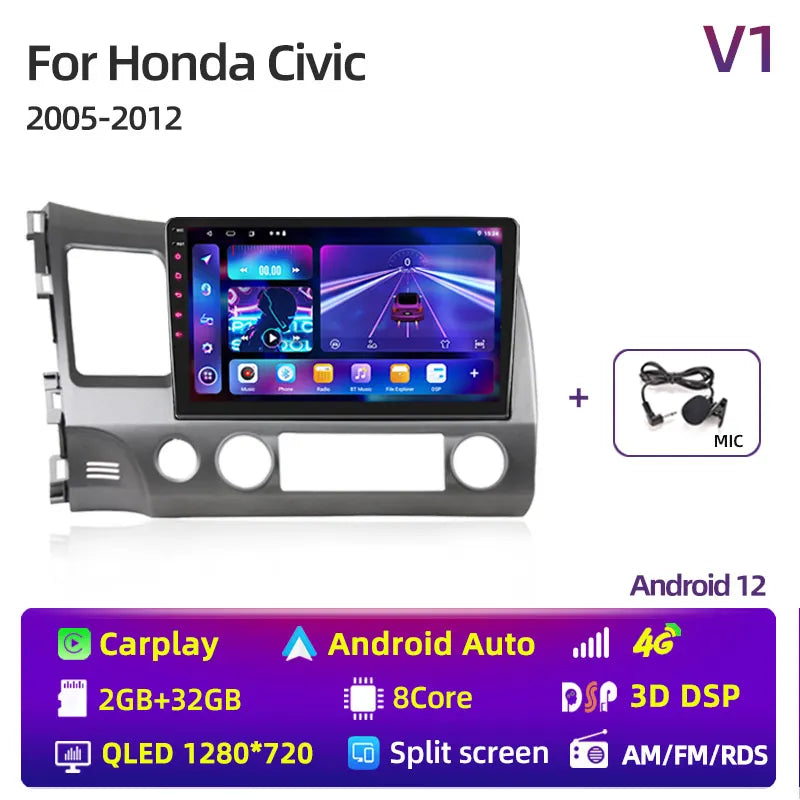 Radio estéreo para coche de 10 pulgadas con Android 12 Carplay para Honda Civic 8 (2005-2012), reproductor multimedia, navegación GPS, 2 DIN, 4G, audio y DVD. 