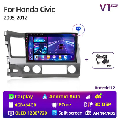 Radio estéreo para coche de 10 pulgadas con Android 12 Carplay para Honda Civic 8 (2005-2012), reproductor multimedia, navegación GPS, 2 DIN, 4G, audio y DVD. 