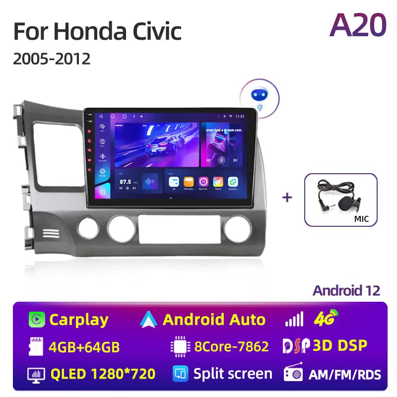Radio estéreo para coche de 10 pulgadas con Android 12 Carplay para Honda Civic 8 (2005-2012), reproductor multimedia, navegación GPS, 2 DIN, 4G, audio y DVD. 