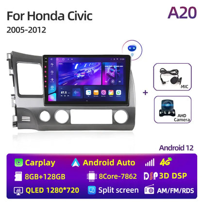Radio estéreo para coche de 10 pulgadas con Android 12 Carplay para Honda Civic 8 (2005-2012), reproductor multimedia, navegación GPS, 2 DIN, 4G, audio y DVD. 