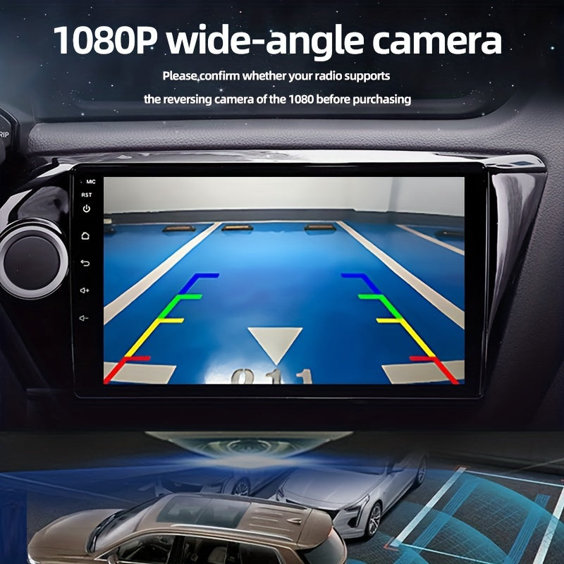 1080P wide angle reverse camera feed displayed on car radio dashboard screen with dynamic parking guidelines