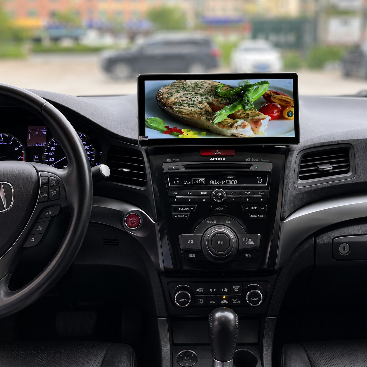 12.3-inch Android head unit installed in Acura ILX 2013-2015 displaying HD video playback