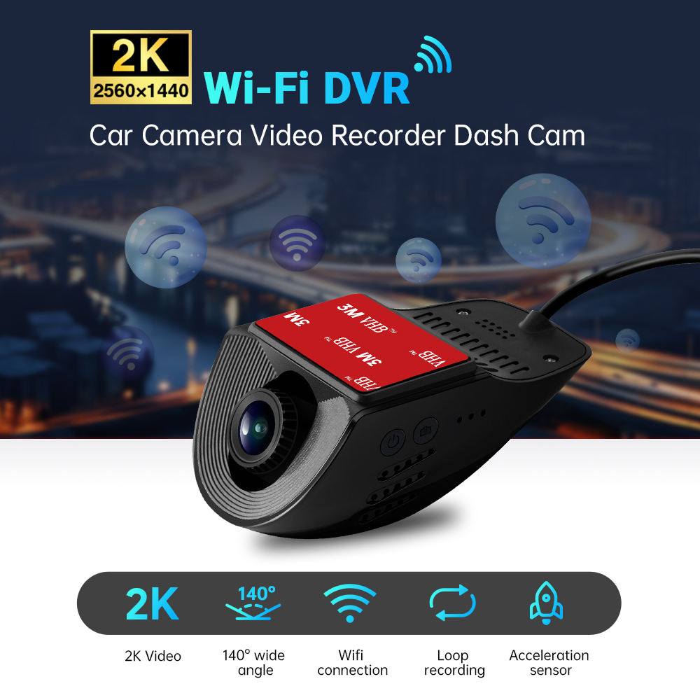 2K Quad HD Wi-Fi DVR car dash cam featuring 170 degree wide angle lens and loop recording