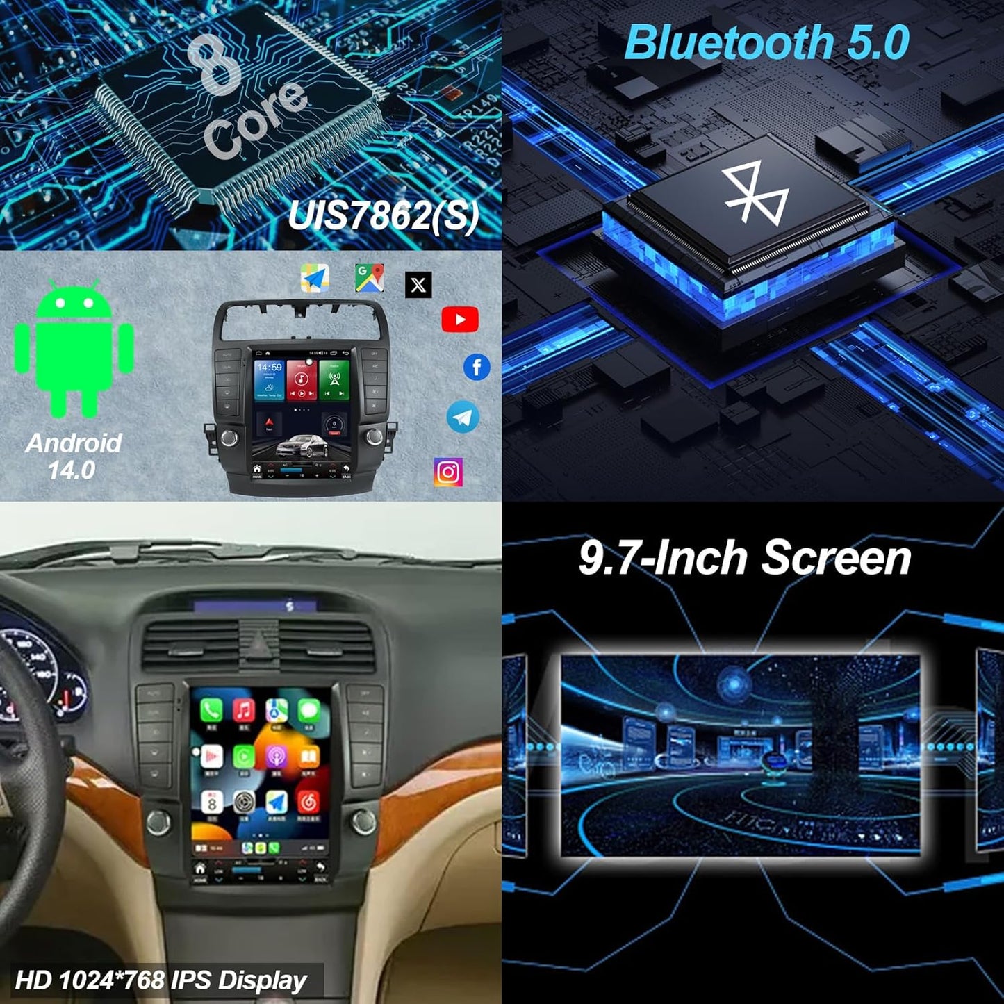 Acura TSX | 2004–2008 | 9.7" Android Screen — Vertical, Wireless CarPlay & Plug-and-Play