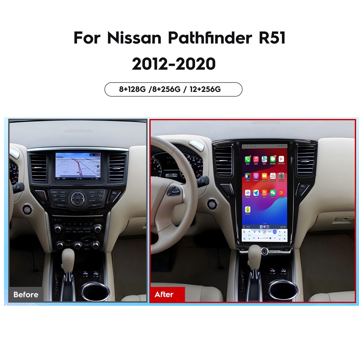 Nissan Pathfinder factory radio vs Roadnavier 14.8-inch Tesla-style Android screen upgrade