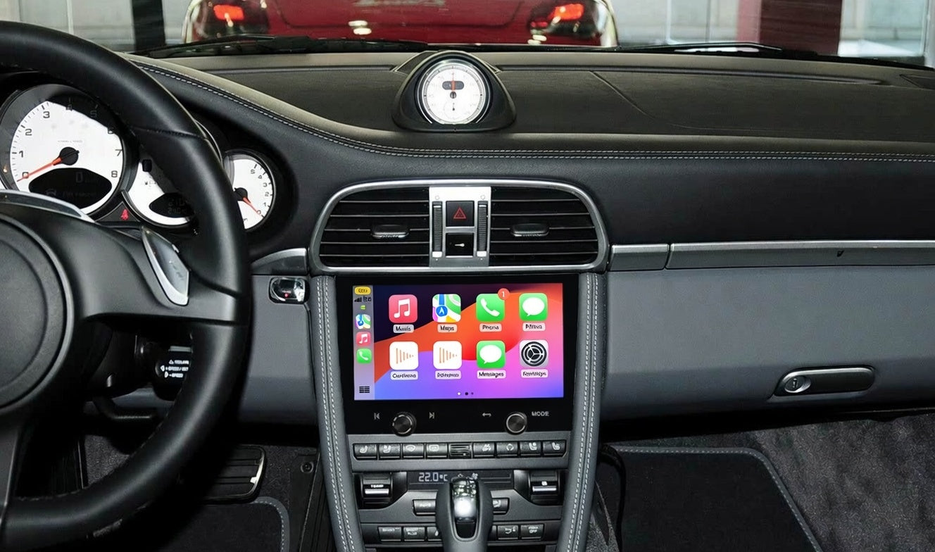 Roadnavier 8-inch Porsche Android head unit showing dual physical knobs and map interface