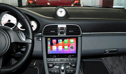 Roadnavier 8-inch Porsche Android head unit showing dual physical knobs and map interface