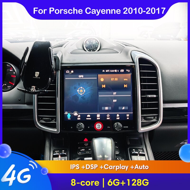 Roadnavier 8-inch Android horizontal screen installed in Porsche Cayenne 2010-2017 dashboard with wireless CarPlay active