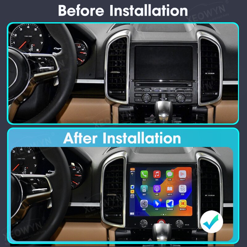 Close-up of FYT 7862 powered Android head unit for Porsche Cayenne showing 1280x720 HD display and navigation app