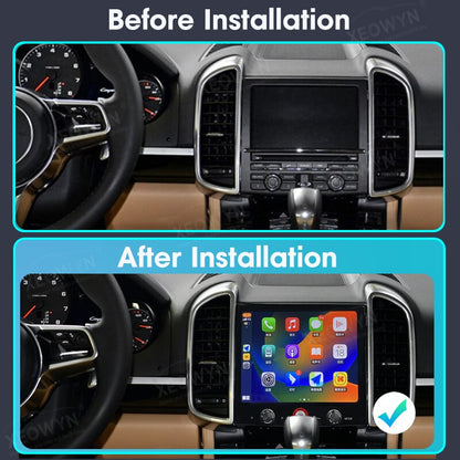Close-up of FYT 7862 powered Android head unit for Porsche Cayenne showing 1280x720 HD display and navigation app