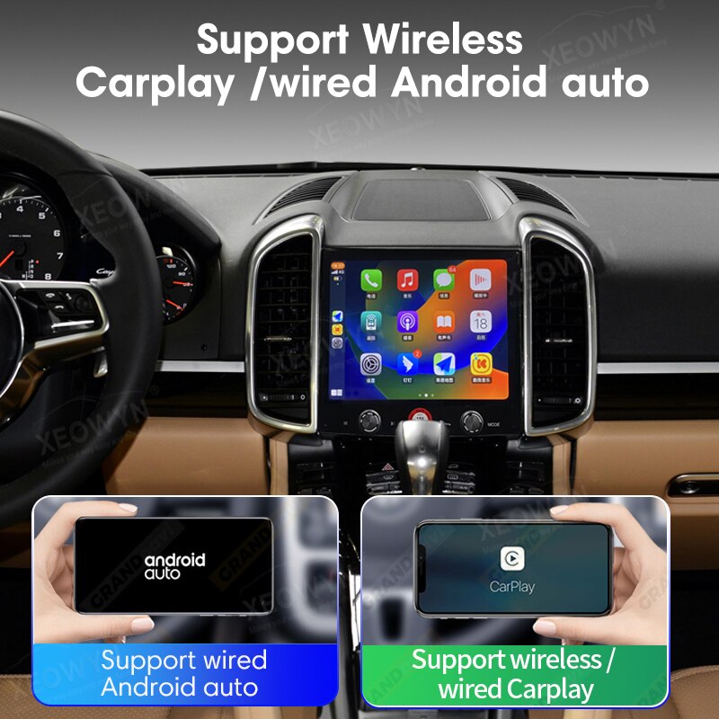 Wireless Android Auto interface on Roadnavier horizontal screen for Porsche Cayenne, featuring music and maps