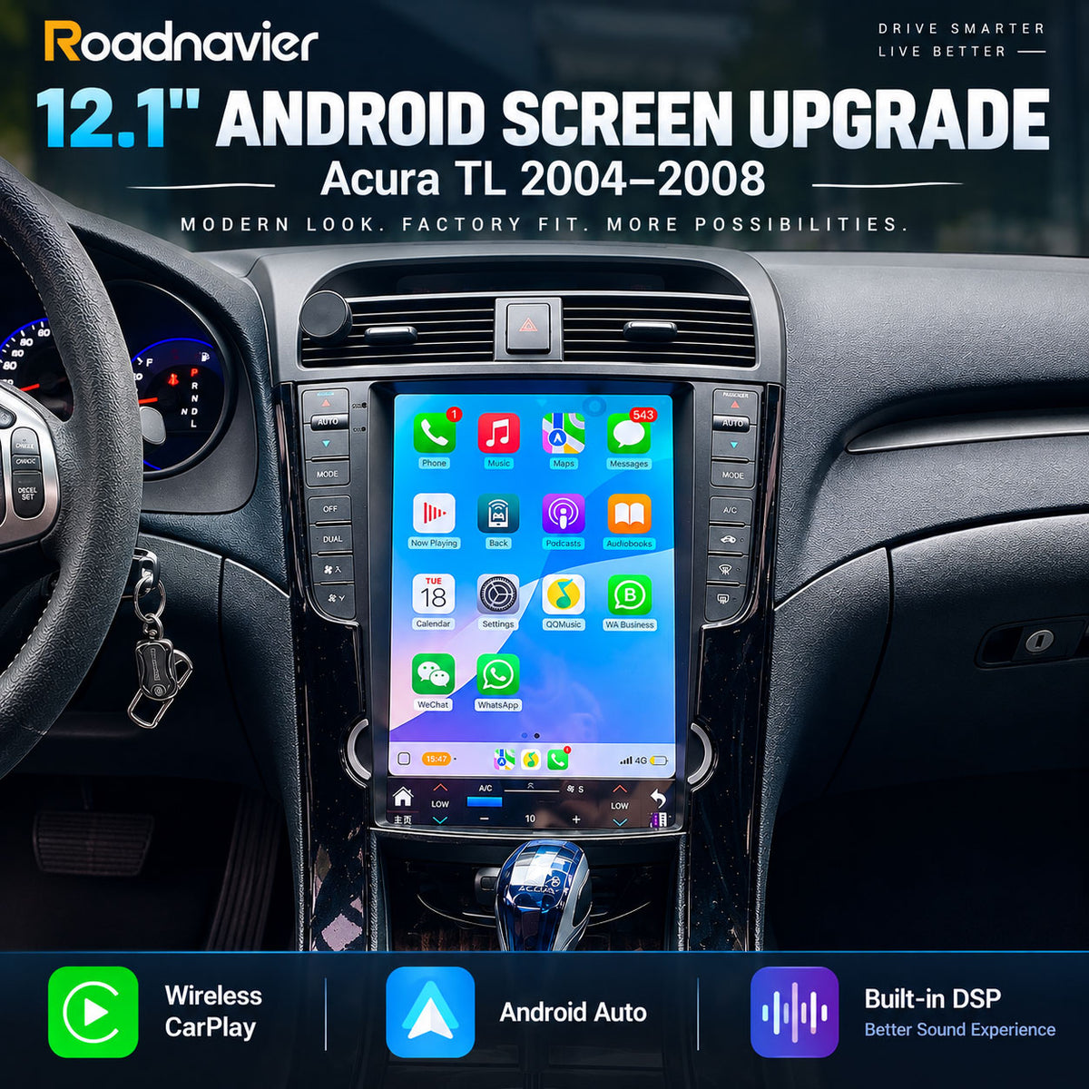 Acura TL 2004-2008 12.1 inch Android screen upgrade with wireless CarPlay, Android Auto and built-in DSP