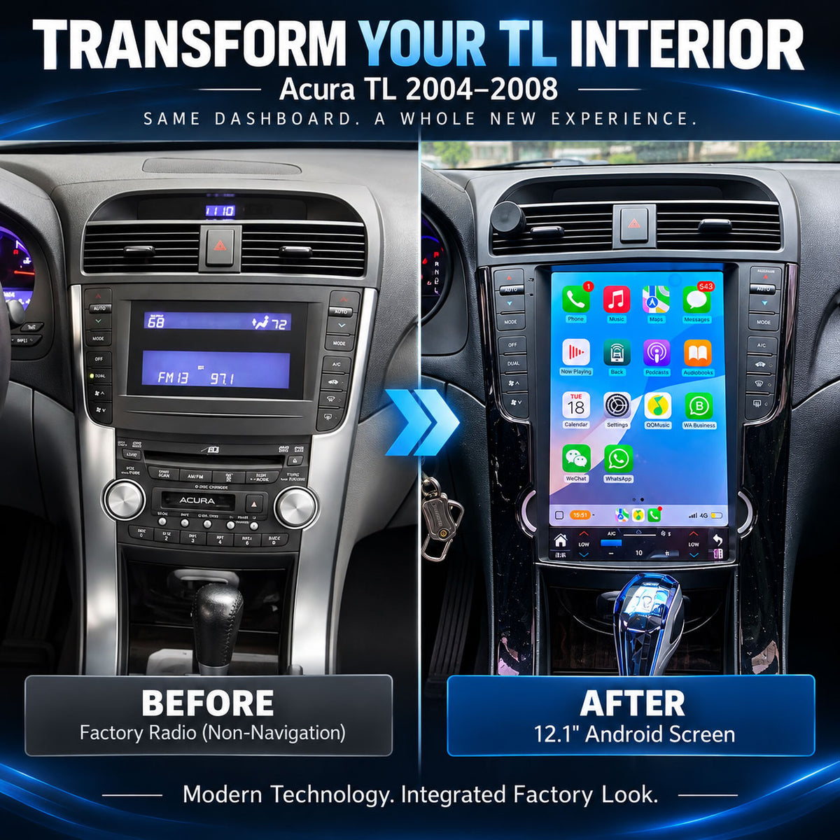 Acura TL 2004-2008 factory radio before and after 12.1 inch Android screen upgrade