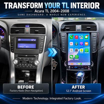 Acura TL 2004-2008 factory radio before and after 12.1 inch Android screen upgrade
