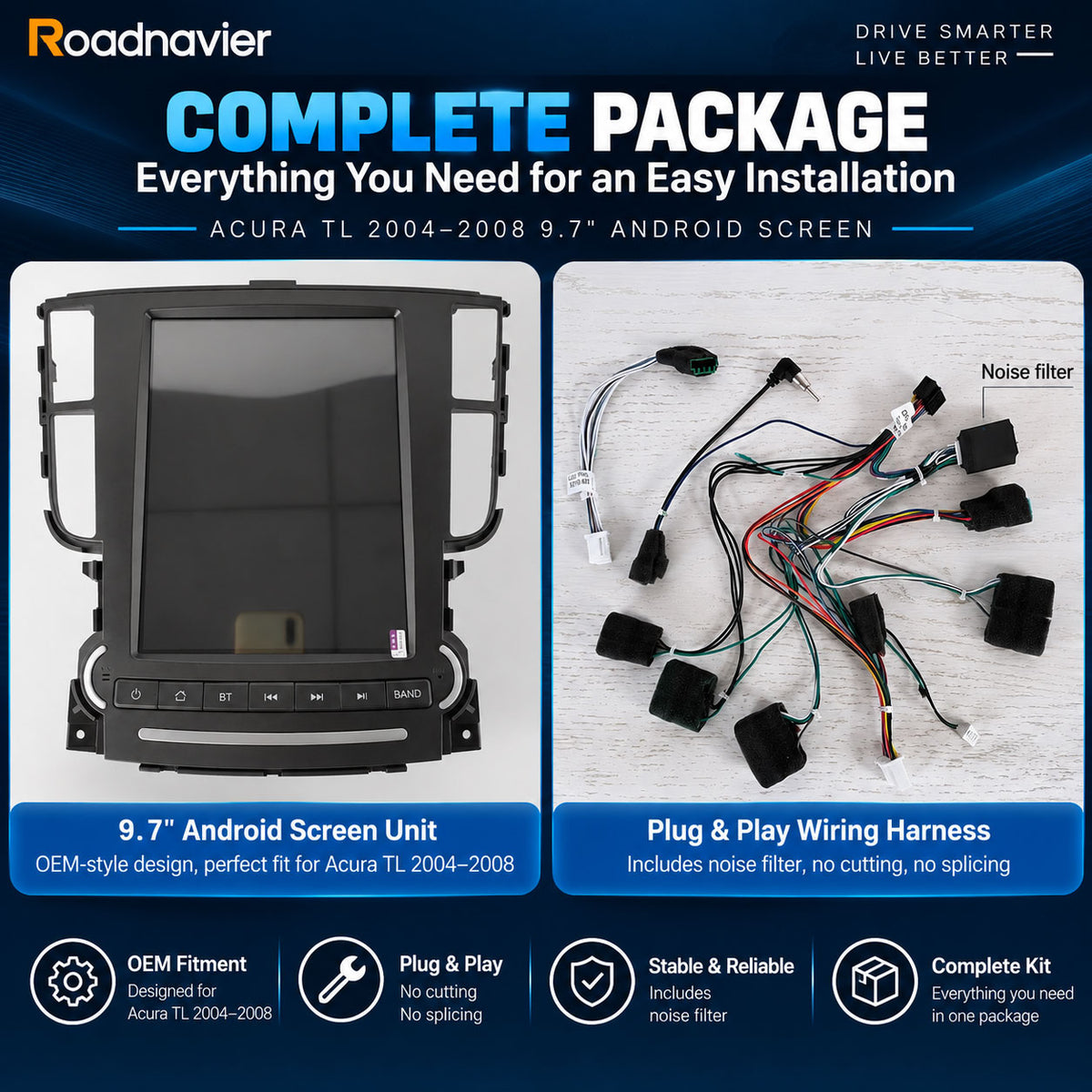 Acura TL 2004-2008 9.7 inch Android screen with vehicle-specific plug-and-play wiring harness