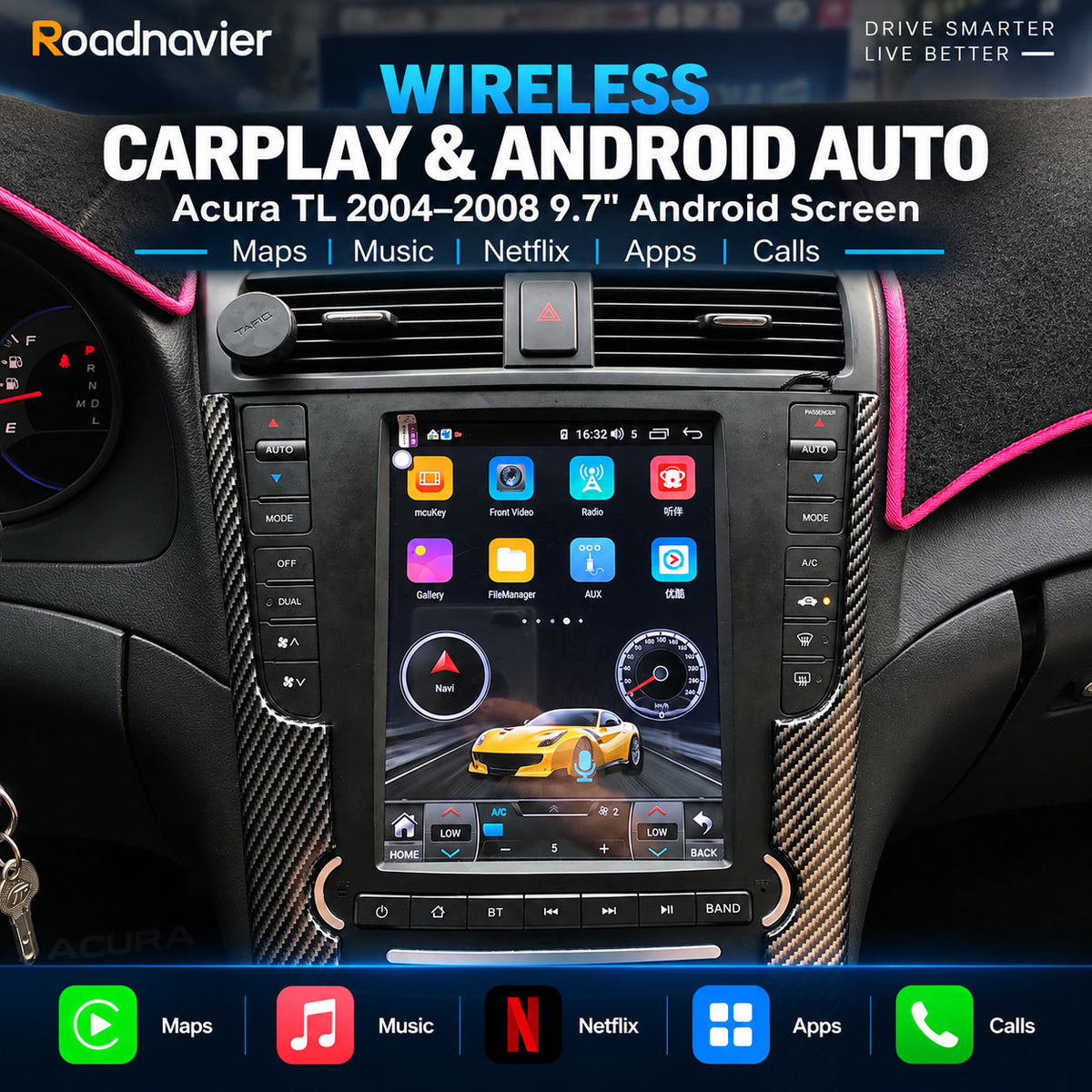 Acura TL 2004-2008 9.7 inch screen with wireless CarPlay, Android Auto, maps, music and apps