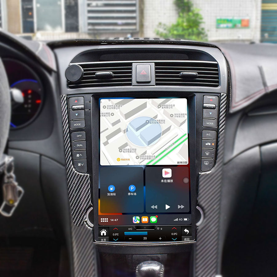 2004-2008 Acura TL 9.7-inch Tesla style Android screen display showing dual split screen navigation and Apple CarPlay interface with carbon fiber trim