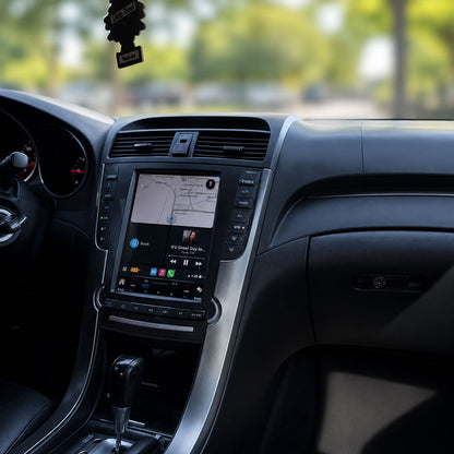 roadnavier 9.7-inch Tesla-style Android vertical screen upgrade installed in an Acura TL dashboard showing Apple CarPlay