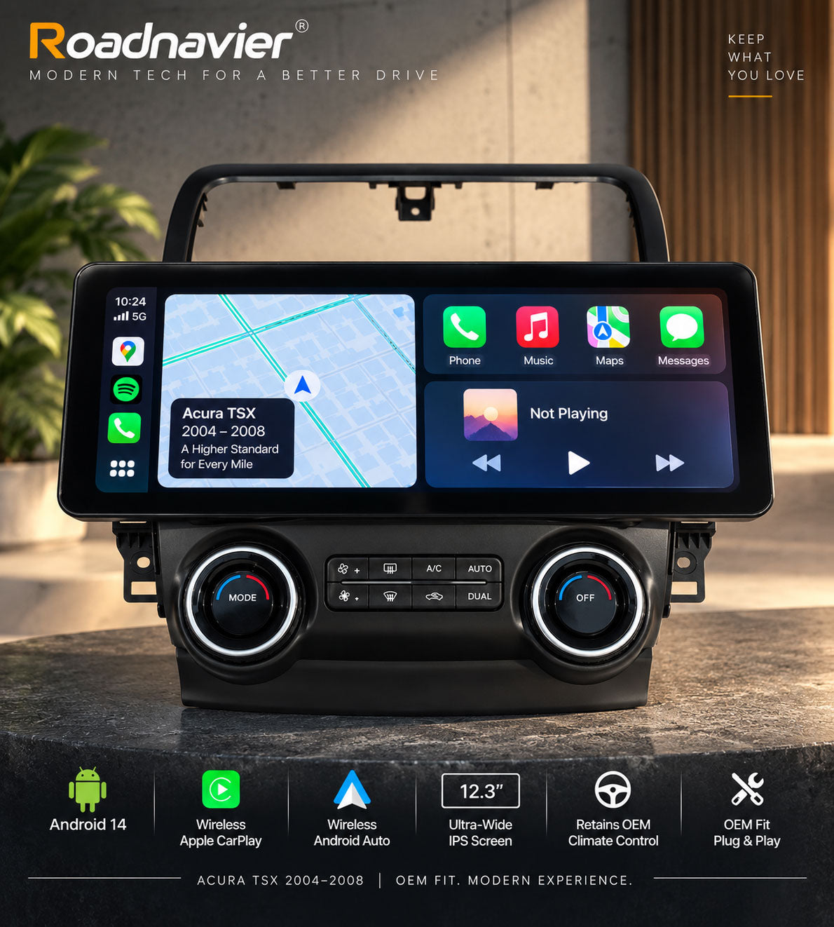 Acura TSX 2004-2008 12.3 inch ultra-wide Android 14 touchscreen with wireless CarPlay