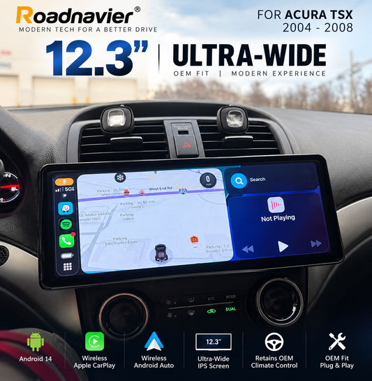 12.3 inch ultra-wide Android screen installed in Acura TSX 2004-2008 dashboard