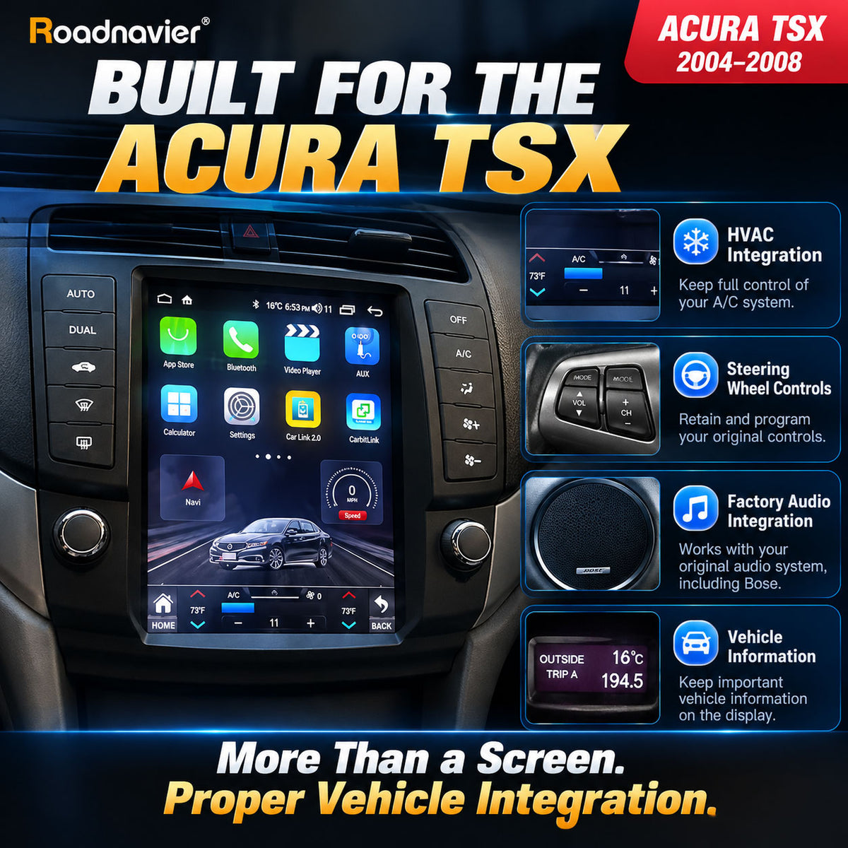 Acura TSX 2004-2008 Android screen with HVAC, steering wheel controls and factory audio integration