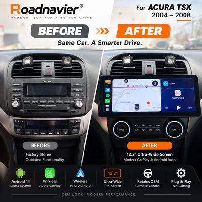Acura TSX 2004-2008 factory stereo before and 12.3 inch Android screen upgrade after