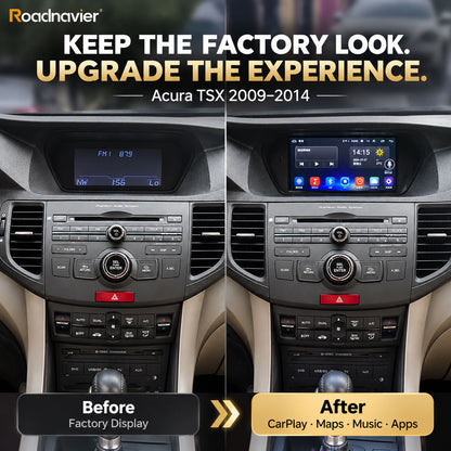 Acura TSX 2009-2014 before and after OEM-style Android screen and CarPlay upgrade