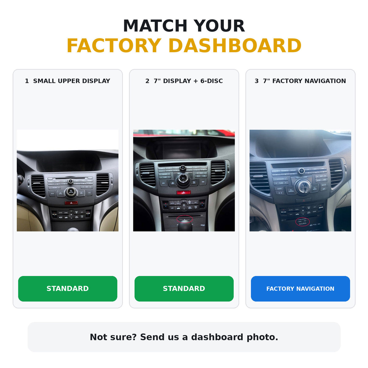 Acura TSX 2009-2014 factory dashboard compatibility guide for Standard and Factory Navigation versions