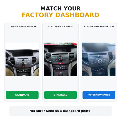 Acura TSX 2009-2014 factory dashboard compatibility guide for Standard and Factory Navigation versions
