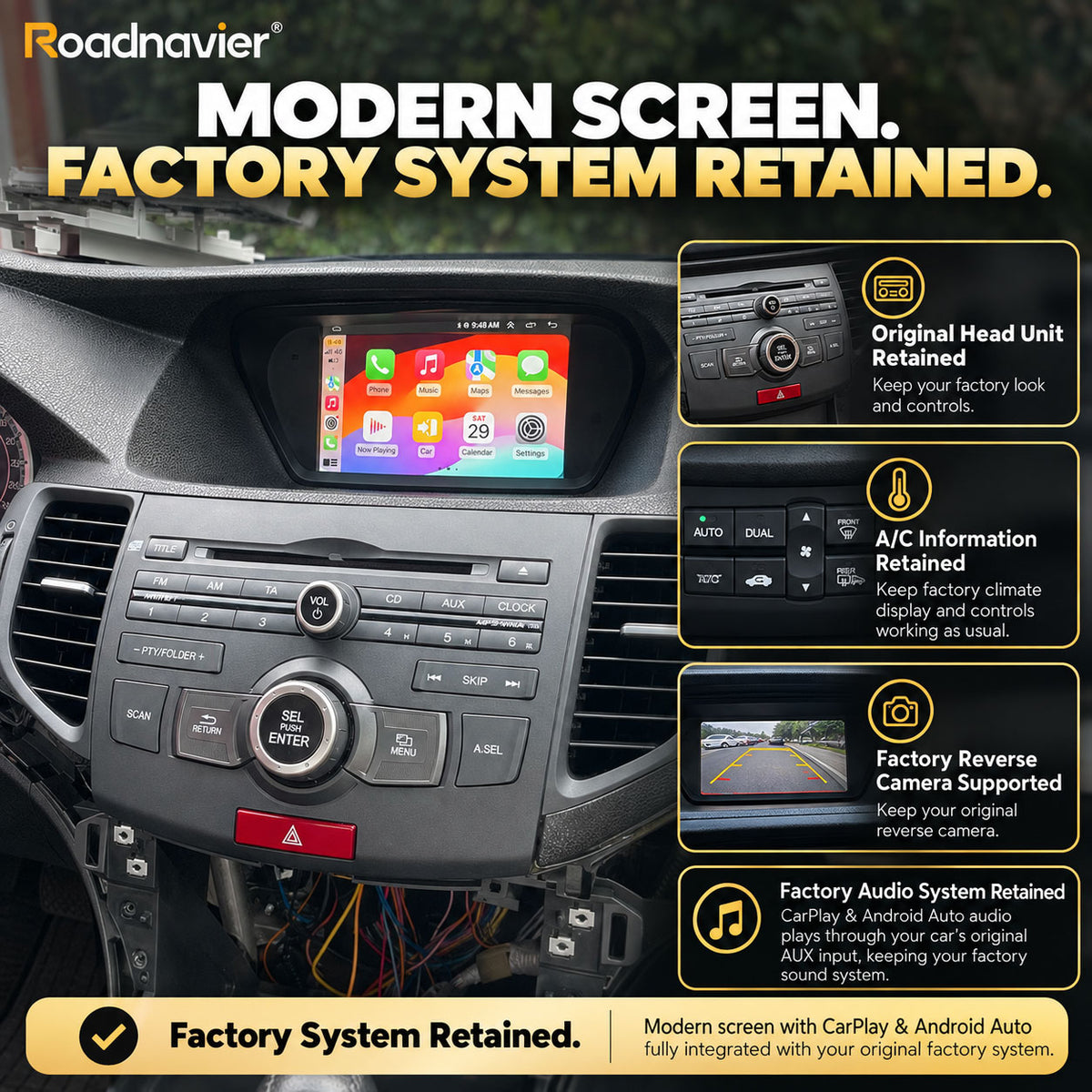 Acura TSX 2009-2014 Android screen upgrade retaining factory head unit, A/C information, audio system and reverse camera