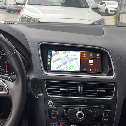 8.8 inch wireless Apple CarPlay touchscreen head unit installed in Audi Q5 dashboard showing split screen navigation