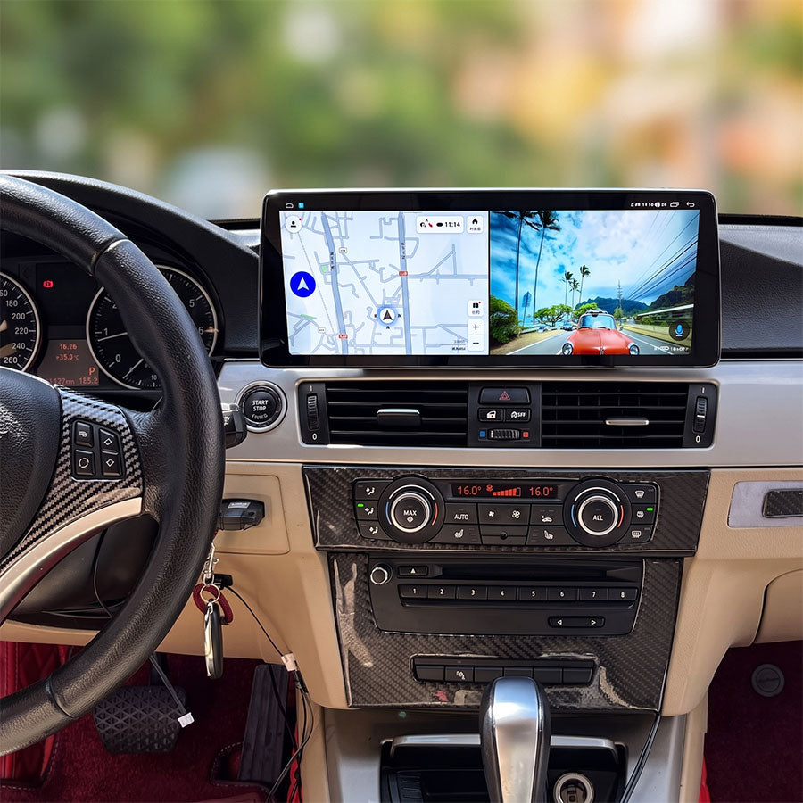 12.3 inch Android screen head unit upgrade for BMW 3 Series E90 E92 displaying split screen mode with GPS navigation and video playback