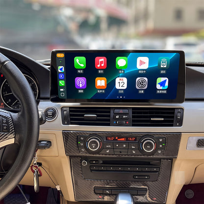 Wireless Apple CarPlay and Android Auto menu interface on 12.3 inch Android screen upgrade for BMW E90 E92 E93 dashboard