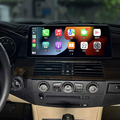 Wireless Apple CarPlay interface displayed on 12.3 inch screen installed in BMW E60 dashboard