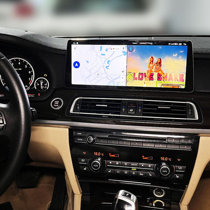 MW 7 Series Android touch screen running split-screen mode with navigation map and media player