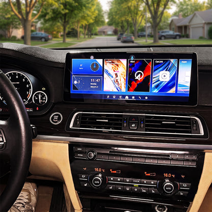 BMW 7 Series F01 F02 upgraded Android head unit displaying main interactive dashboard UI