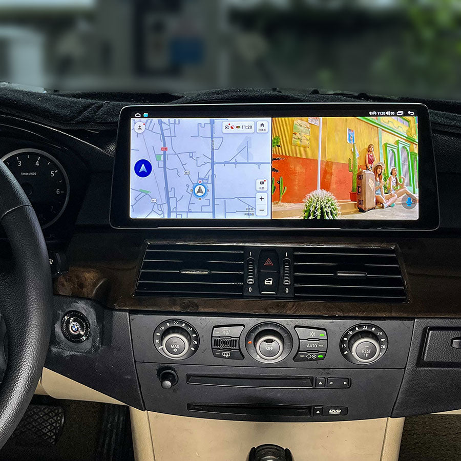 12.3 inch ultra wide display running split screen GPS navigation and media interface in BMW E60