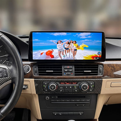 Front dashboard view of 12.3 inch touchscreen Android head unit installed in BMW 3 Series E90 showcasing full screen HD display