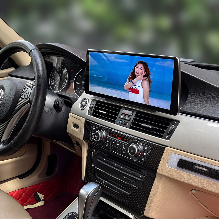 Side view of 12.3 inch Android multimedia screen display fitted seamlessly into BMW 3 Series E90 E92 E93 interior dashboard