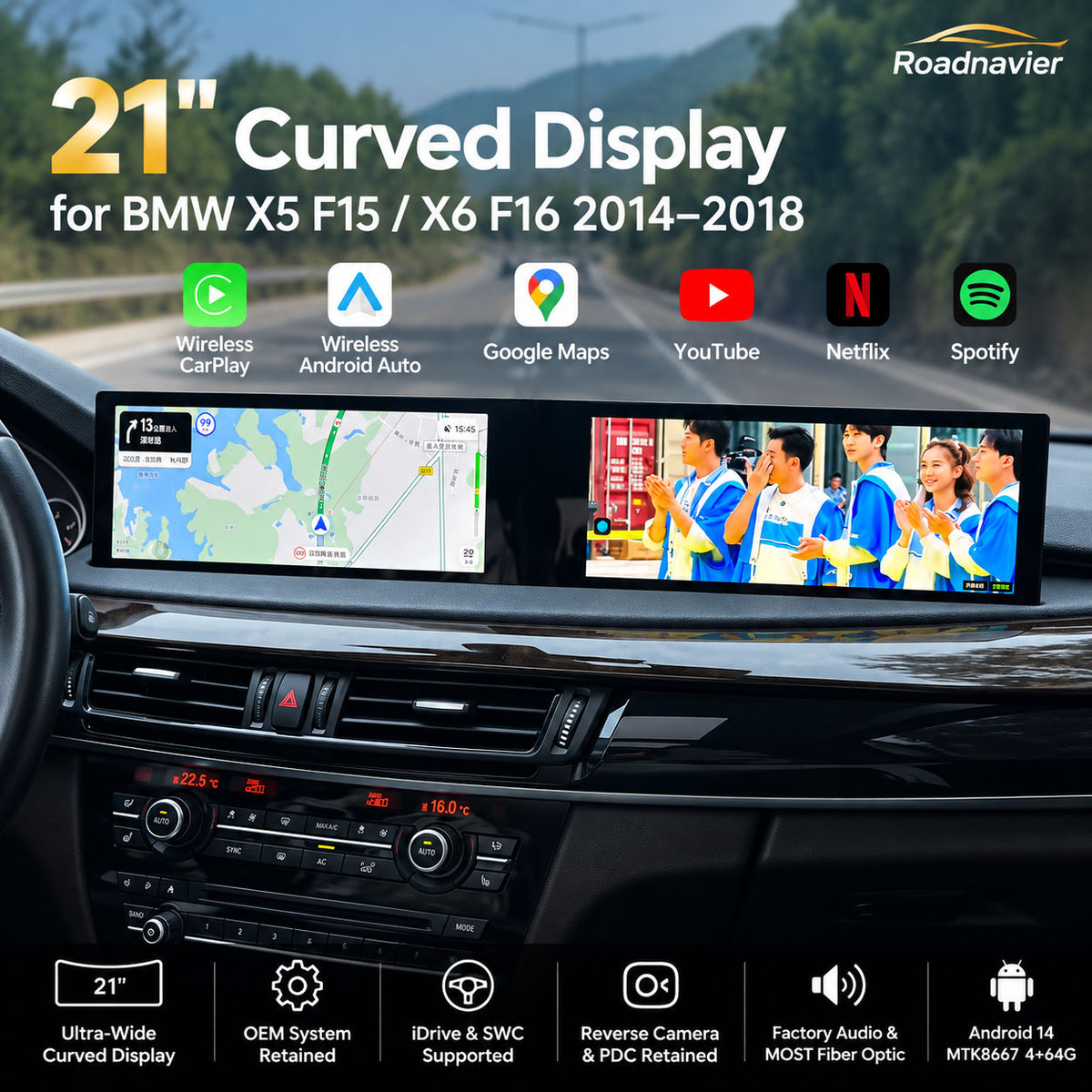 21-inch curved Android display for BMW X5 F15 and X6 F16 2014-2018 with OEM system retained