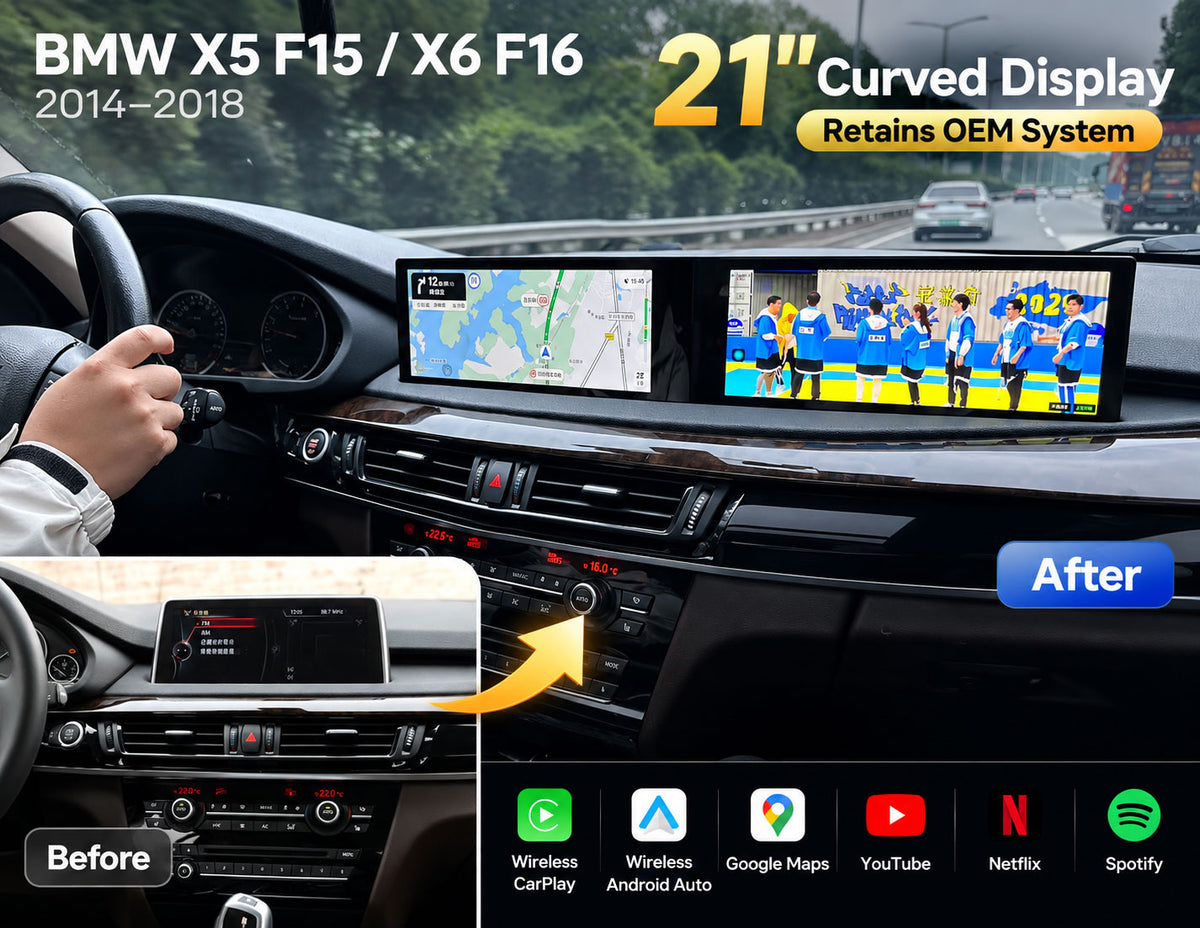 BMW X5 F15 X6 F16 2014-2018 before and after 21-inch curved display upgrade with OEM system retained