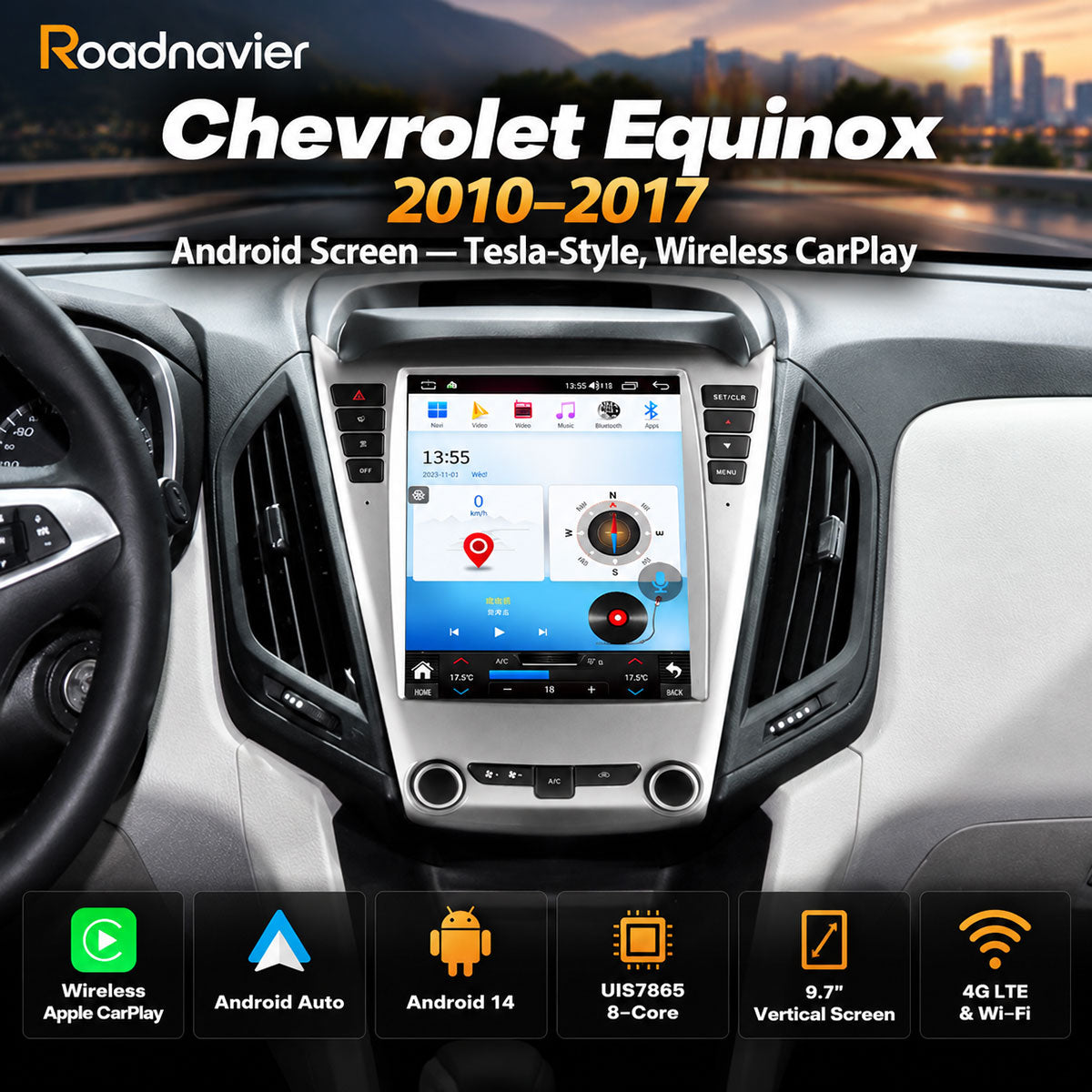 Chevrolet Equinox 2010–2017 9.7-inch Tesla-style Android screen with wireless Apple CarPlay and Android Auto