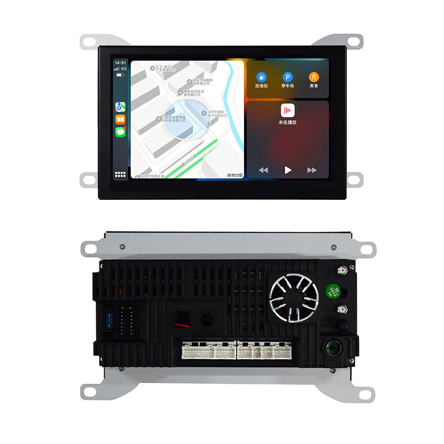 Front and rear view of Roadnavier Citroen DS5 Android multimedia head unit showing cooling fan and connection ports